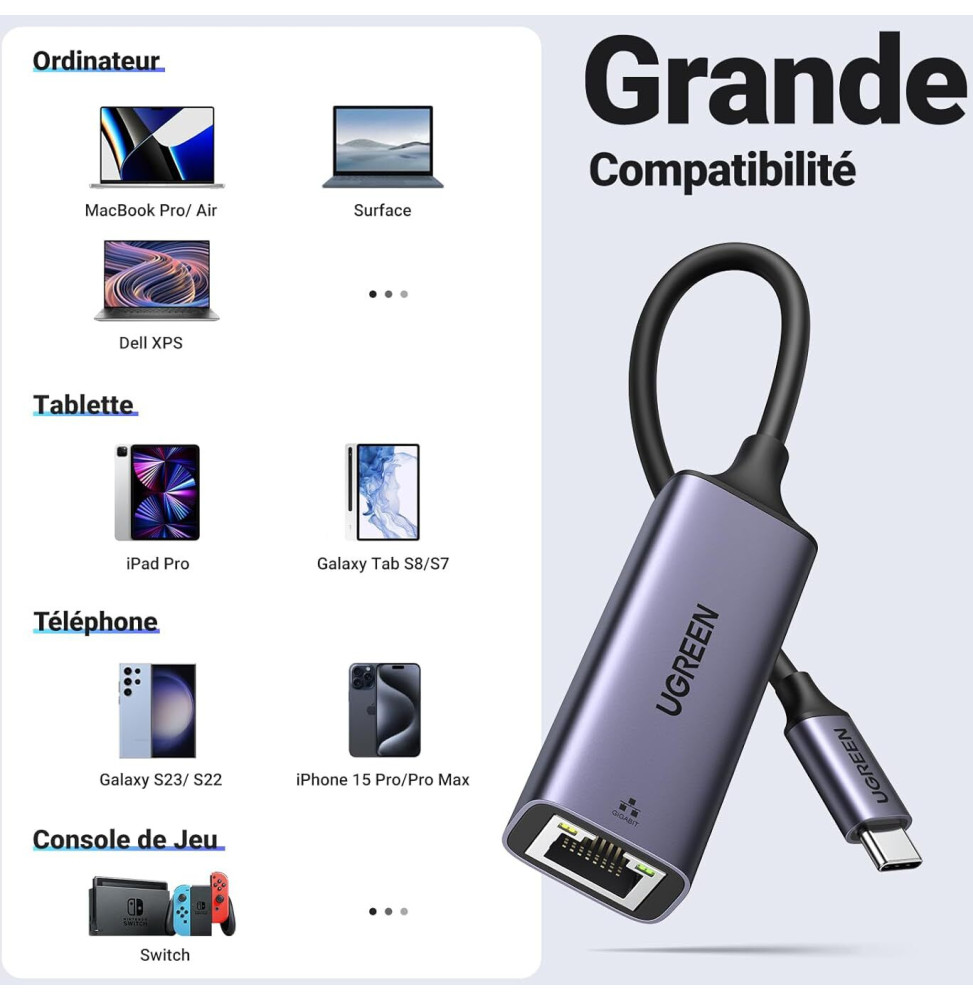 Adaptateur Ugreen Aliminium USB-C vers RJ45 1000Mbps (50737) – Image 2