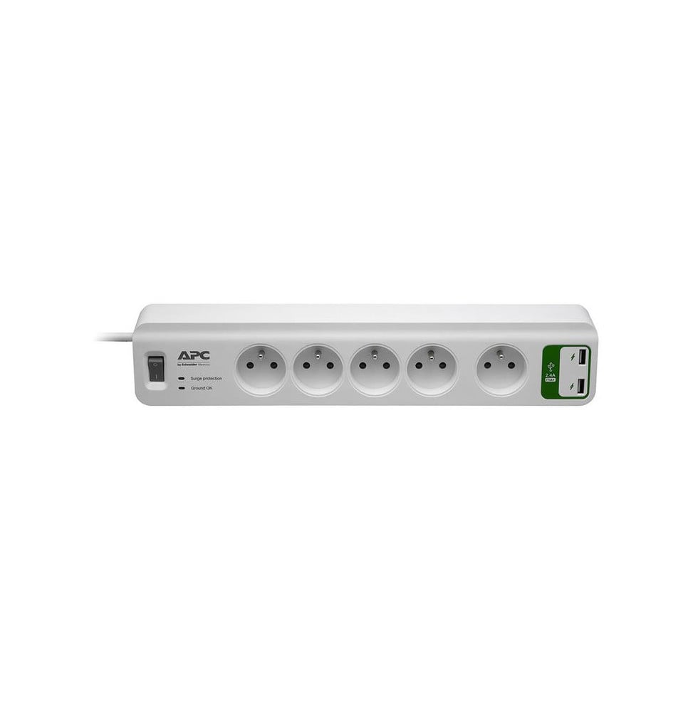 Bloc parafoudre APC 5 prises France 230V avec 2 ports de chargement USB