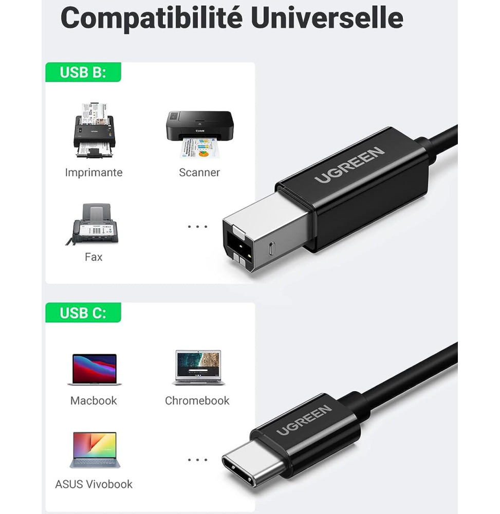 Câble Ugreen imprimante USB-C vers USB B Mâle Noir - 2 mètres (50446) – Image 2