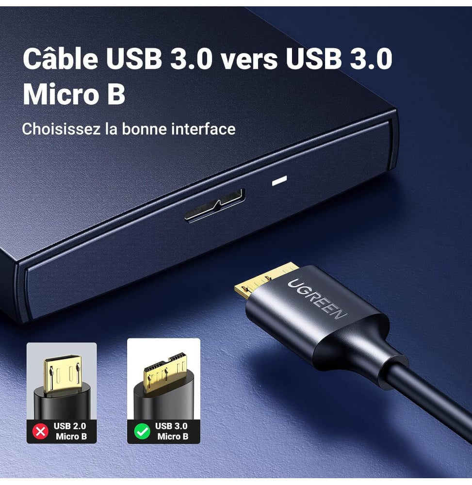 Câble Ugreen USB 3.0 vers Micro USB-B - 0.5 mètre (10840) – Image 2