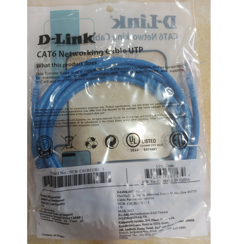 Cordon Patch D-Link Cat6 UTP 24AWG, 3M (NCB-C6UBLUR1-3) – Image 2