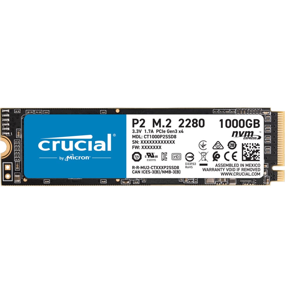 Disque Dur interne SSD Crucial P2 M.2 2280 PCIe Gen 3 x4 NVMe 3D NAND 1 To (CT1000P2SSD8)