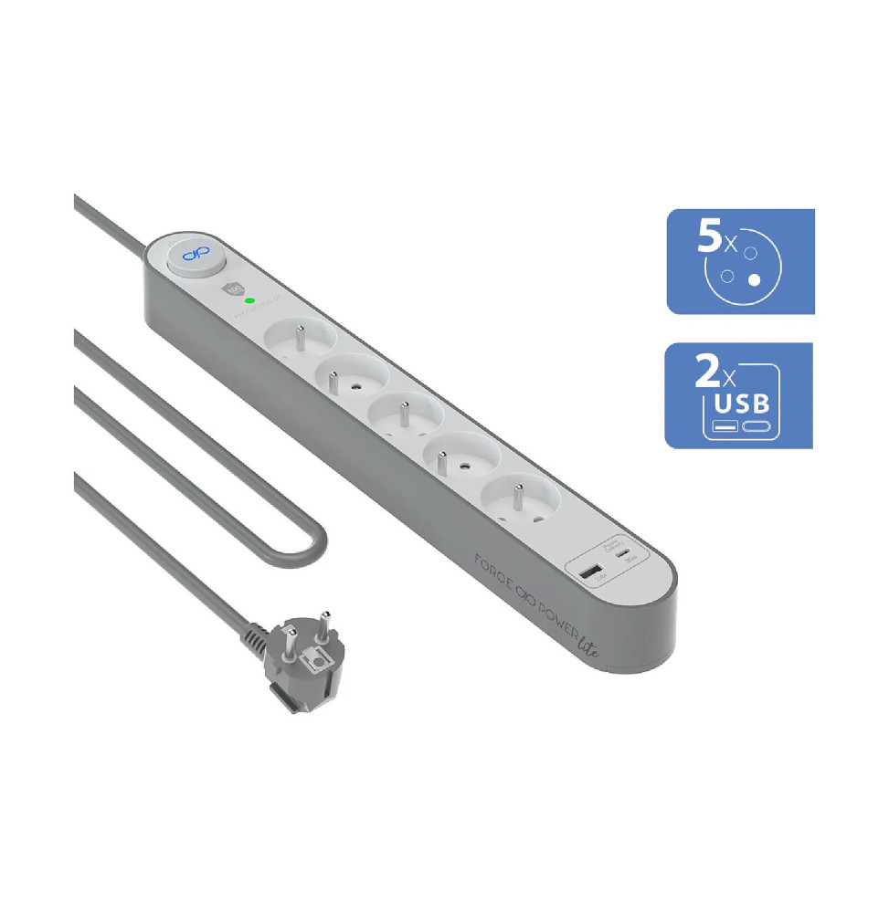 Force Power Rallonge Parafoudre 5 Prises Type-E 800 Joules avec Ports USB-A et USB-C 1,5m Argent – Image 2