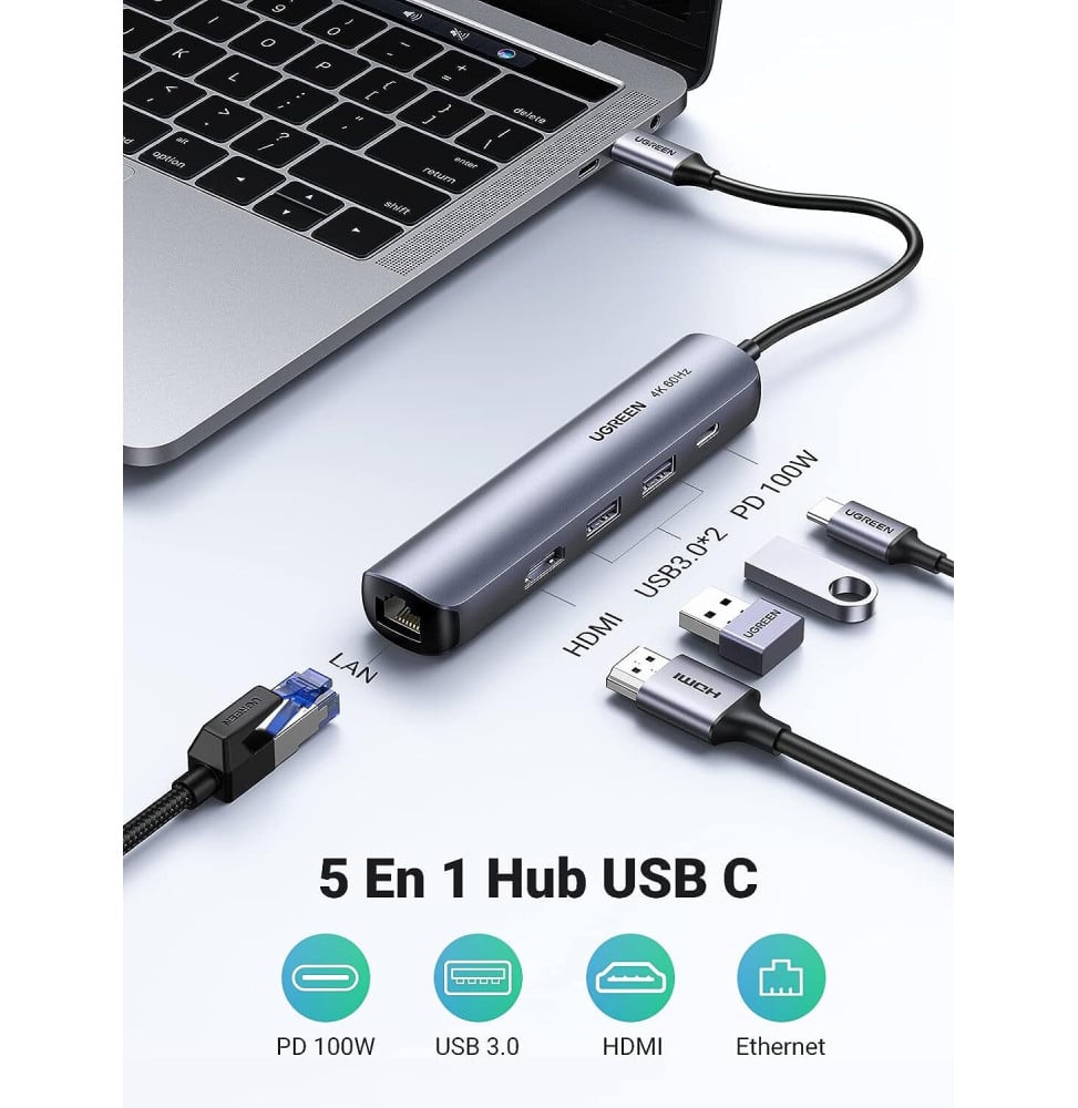 Hub USB-C Ugreen 5 en 1 Supporte PD (Power Delivery) 100W Recharge (10919) – Image 2