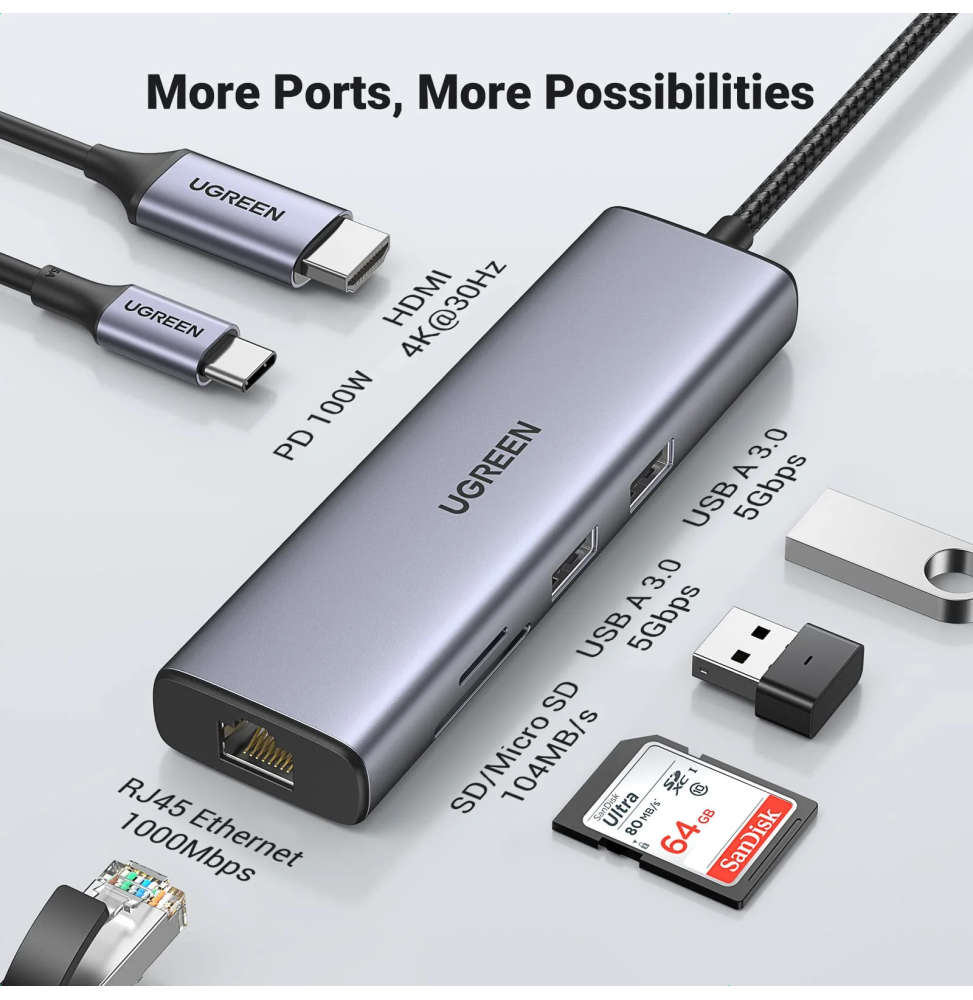 HUB Ugreen USB-C 7 en 1 Supporte PD (Power Delivery) 100W Recharge (90568) – Image 2