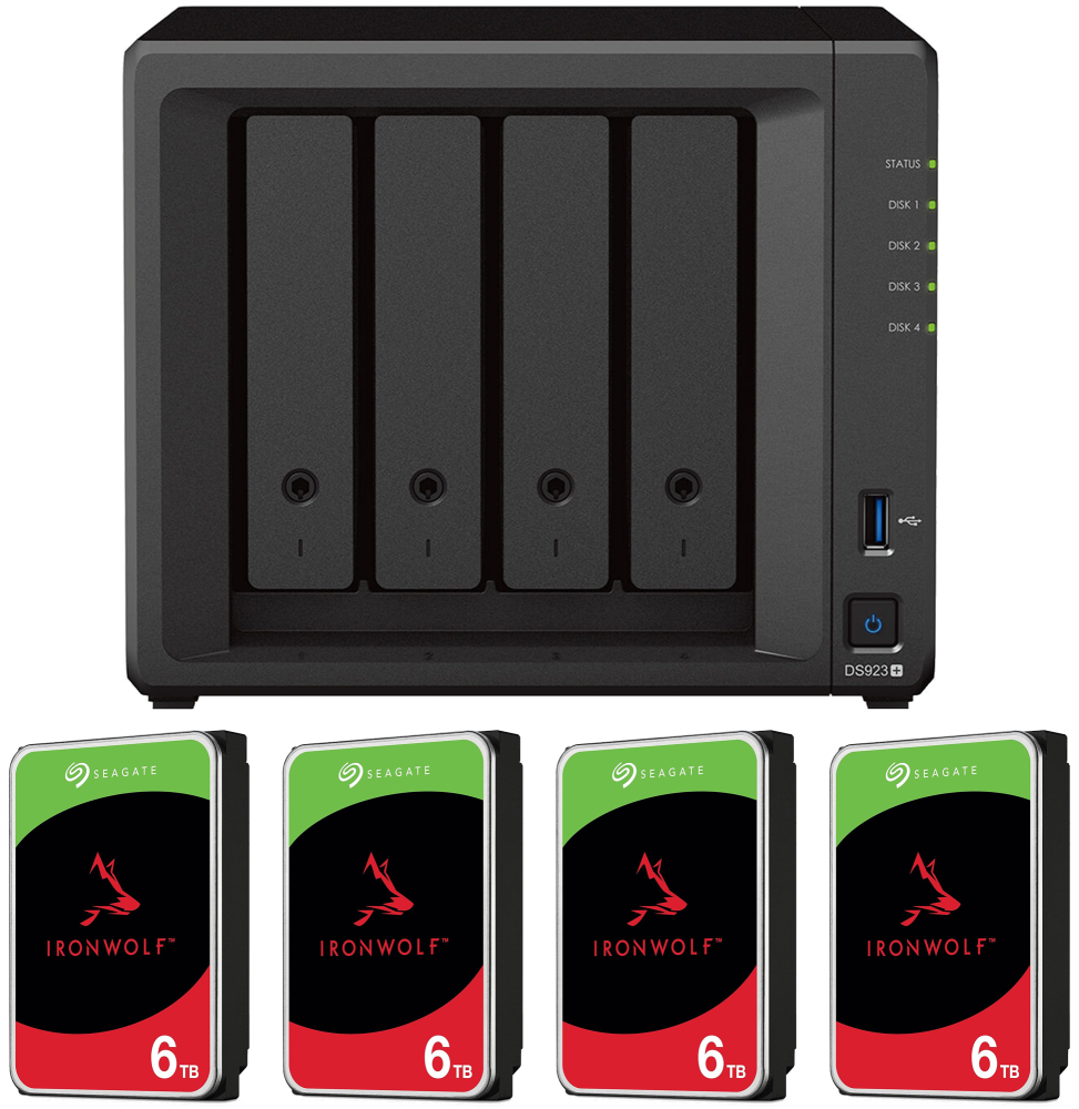 Serveur NAS 4 baies Synology DiskStation DS923+ avec disques durs 24 To (4* Seagate IronWolf 6 To)