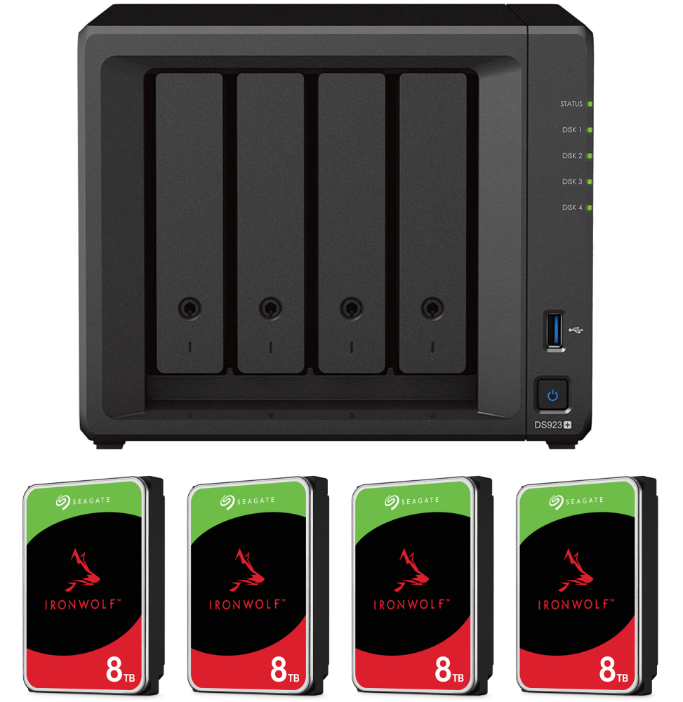 Serveur NAS 4 baies Synology DiskStation DS923+ avec disques durs 32 To (4* Seagate IronWolf 8 To)