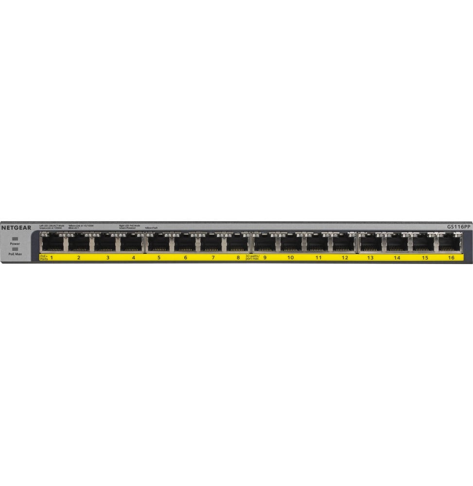 Switch Netgear non manageable à 16 ports gigabit avec PoE+ 183W (GS116PP)