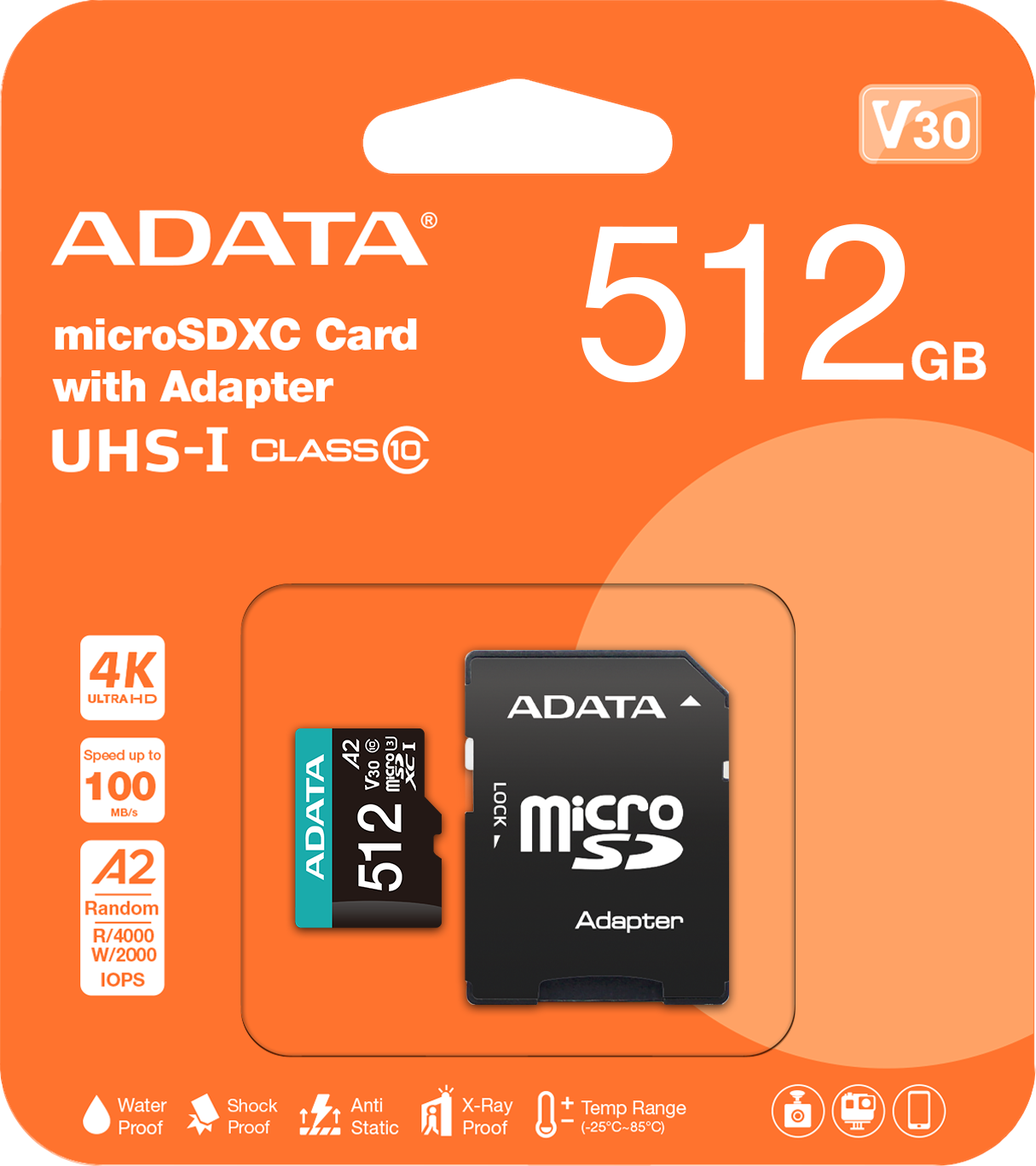Carte mémoire ADATA Premier Pro 512 Go microSDXC/SDHC UHS-I U3 V30 (AUSDX512GUI3V30SA2-R) – Image 3